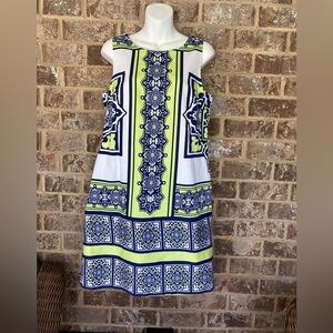 Bethany Size 8 Blue, Lime Green, & White Cotton Geometric Shift Dress